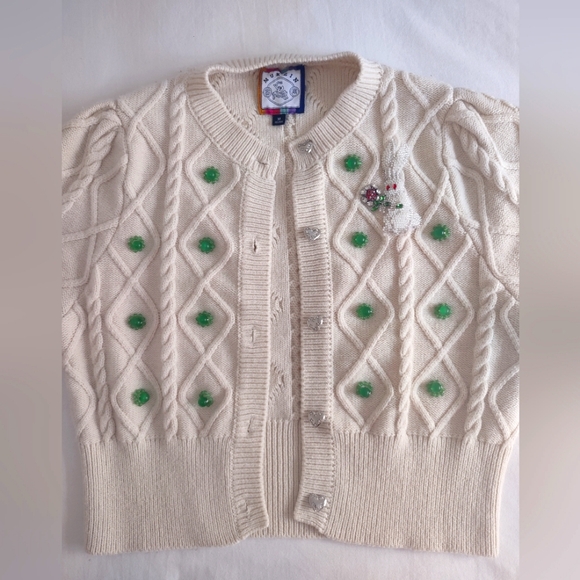 MUKZIN Wool Korean Unique Bunny Bejeweled Knitted Beige Cardigan Sweater - Picture 6 of 16